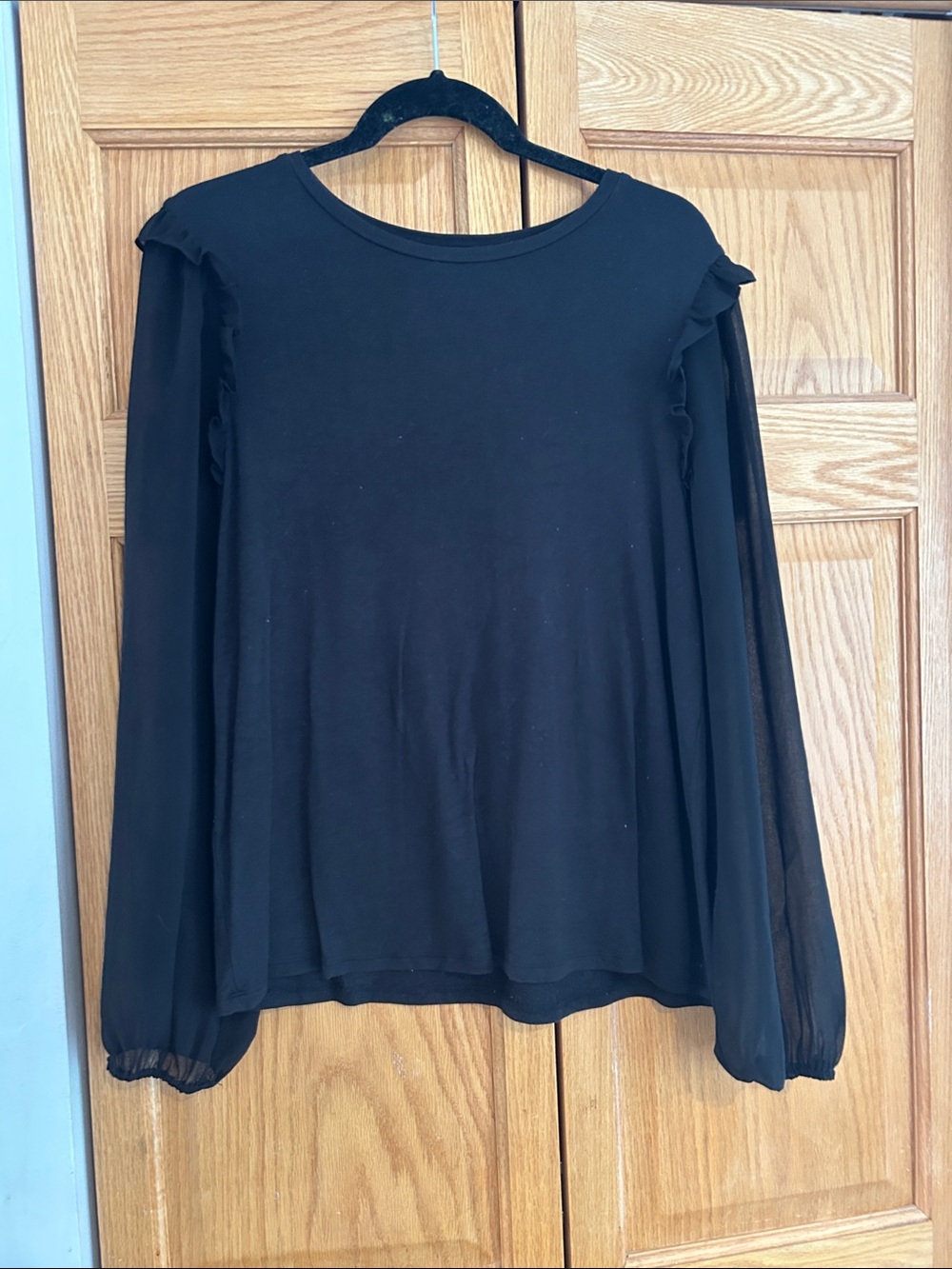 Les Serein Black Long-Sleeve Ruffle Shoulder Women's Top- sheer arms!